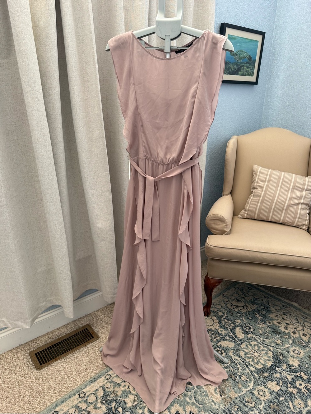 BCBGMaxAzria Kolline Dusty Mauve Rose Ruffle Maxi Dress Gown Sash S
